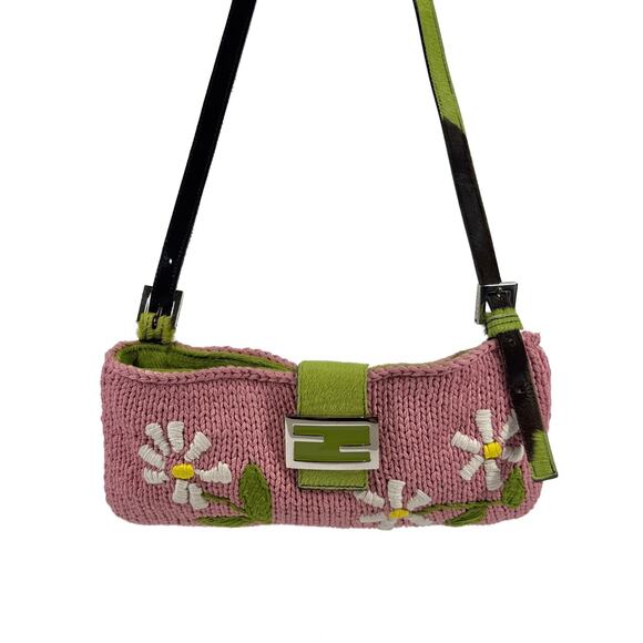Fendi Vintage Pink Knit Floral Green Cow Print Pony Hair Trim Baguette Bag - Picture 2 of 7